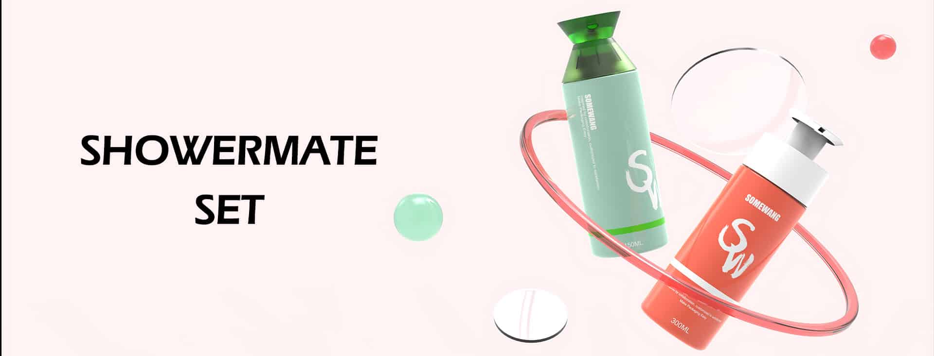 Two green and orange Showermate bottles float with rings and spheres on a pale background. "SHOWERMATE SET" left.