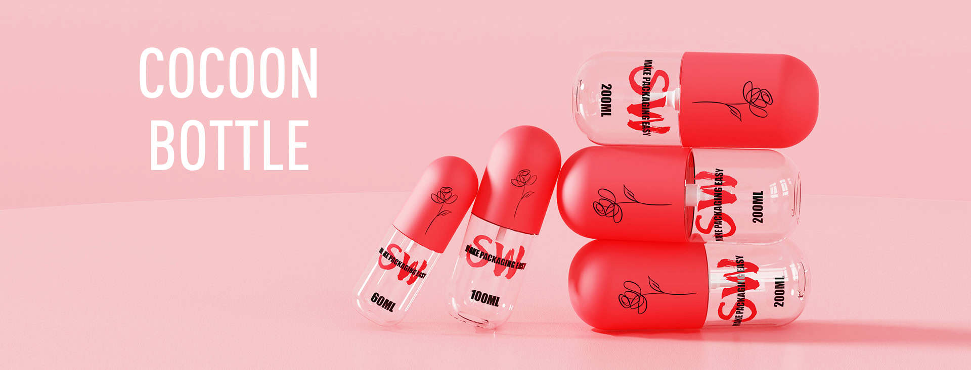 Four red and clear capsule bottles with floral art and labels are stacked on pink. Left text: "COCOON BOTTLE.