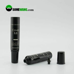 Two D19 Sharp Nose Cosmetic Soft PE Tubes with Double Wall Screw Caps, one standing and the other lying with its cap off, against a plain gray background with a "somewang.com" logo at the top.