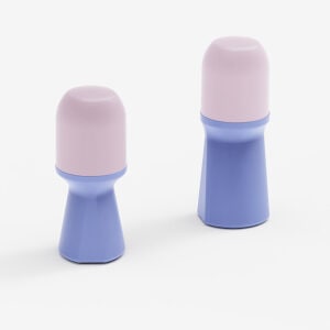 Two pastel containers with purple bases and pink lids sit on a white background, resembling 50/75g PP roll-on bottles with Green Caps.