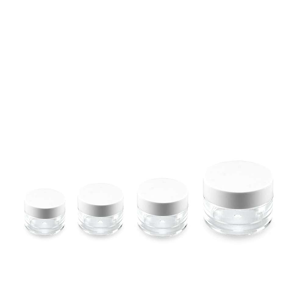 Four 30g PETG cream jars with white lids, arranged in increasing size from left to right on a clean white background.