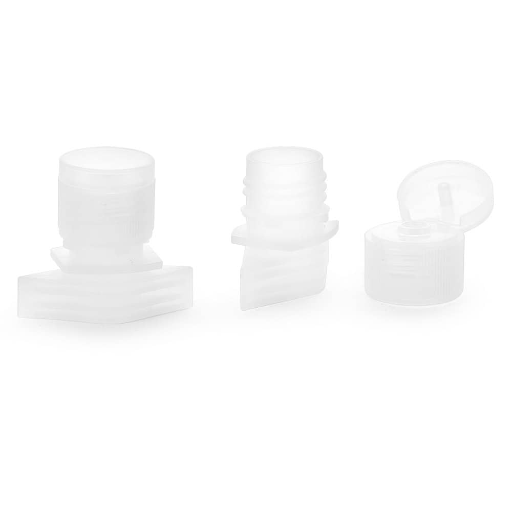 Three translucent plastic caps on a white background: two ribbed, one with a spout hinge top, used for packaging doypacks from China.