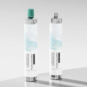 Two metallic tubes with pastel labels and printed text stand upright. One, akin to a wholesale roll-on deodorant bottle, has a green cap.