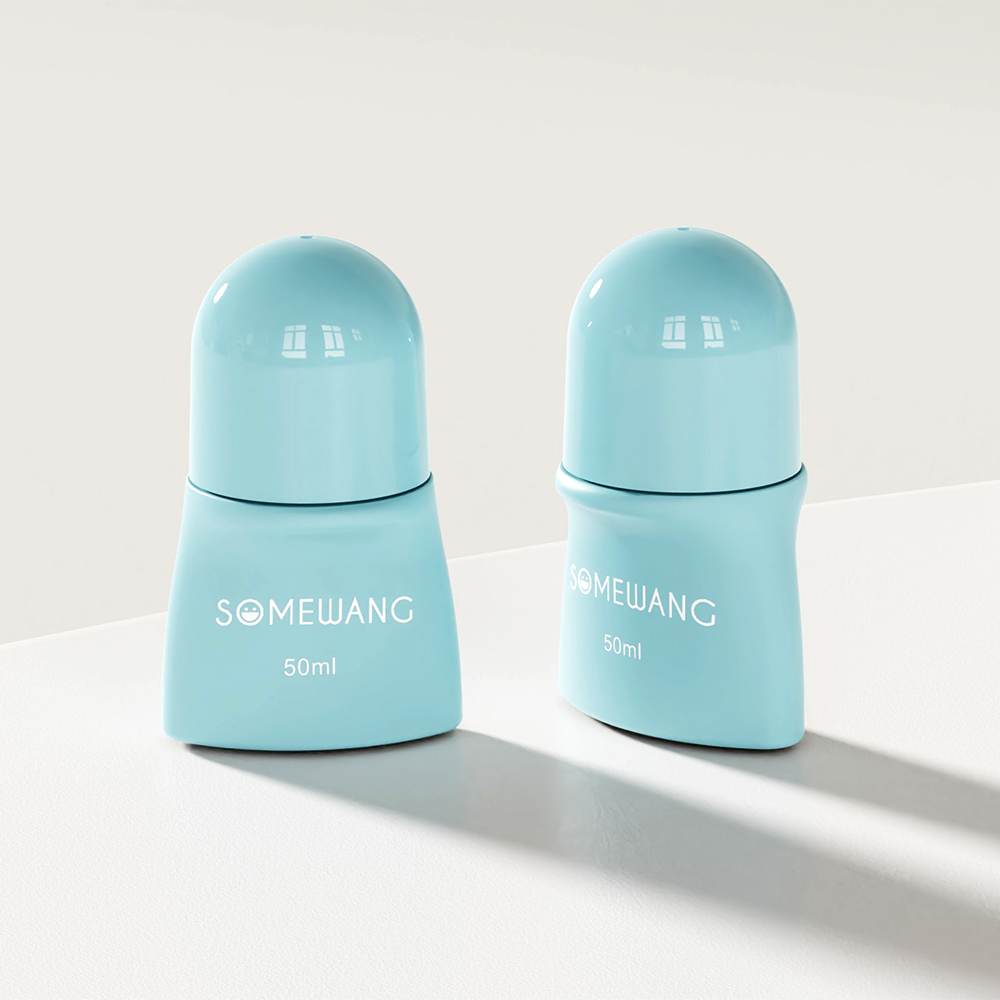 Two 50g light blue deodorant bottles, labeled "SOMEWANG," mimic a sleek 50g PP White Roll-on, sitting elegantly on a white surface.