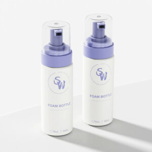 Two white 50ml HDPE foam bottles with purple pumps (30mm neck) are elegantly arranged, marked "1.76 oz" on a light surface.