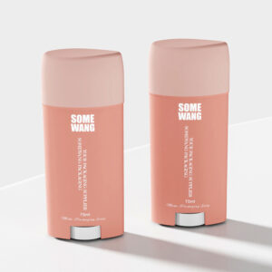 Two elegant "75g PP White Flat Deodorant Stick Containers," labeled "Some Wang," stand upright, exuding freshness.