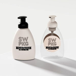 Two Somewang "SW PKG" foam dispensers: white HDPE bottle with black pump, clear with white pump, each 480ml (16oz).