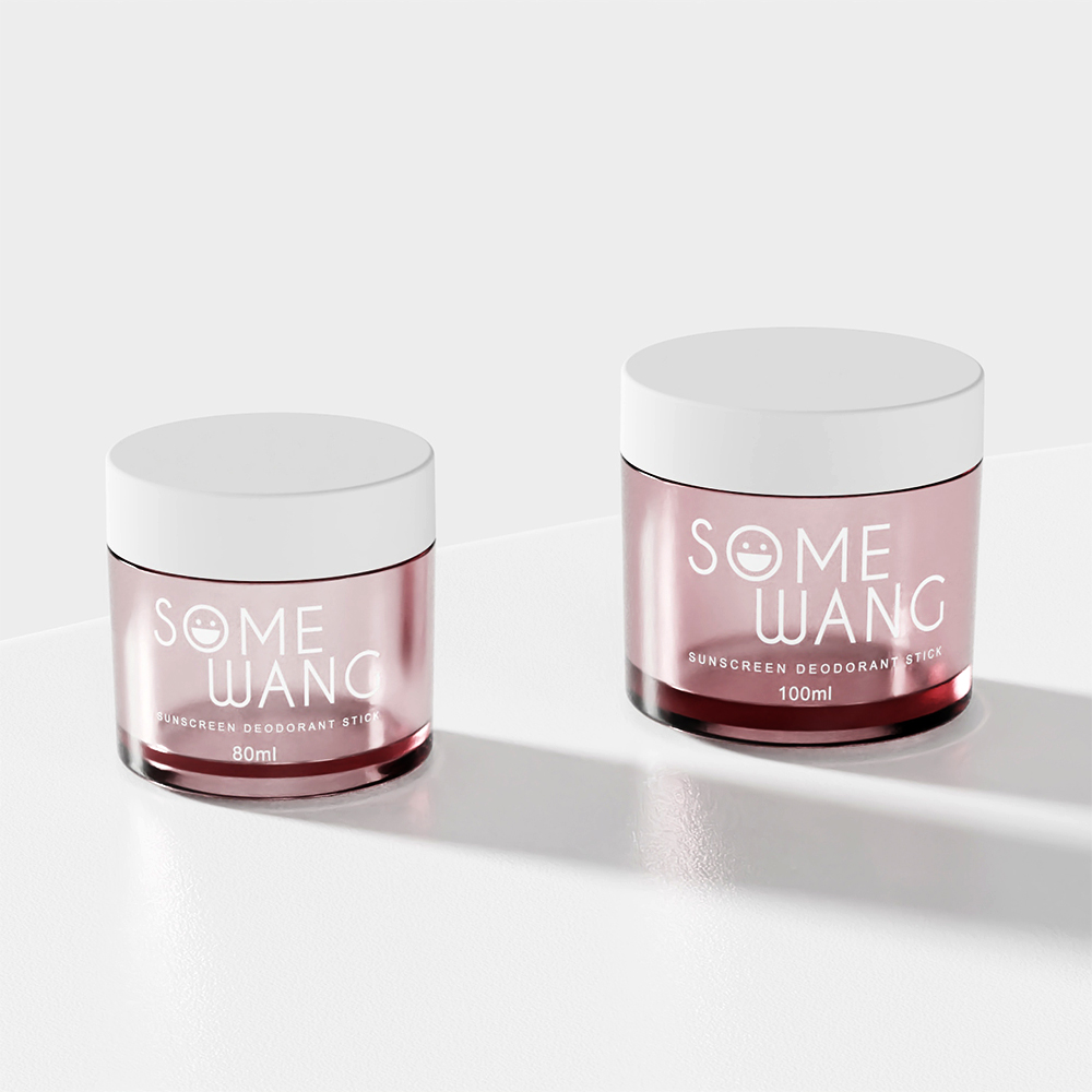 Two 80ml and 100ml "Some Wang Sunscreen Deodorant Stick" PETG jars with white lids, sit eco-friendly on a white surface.