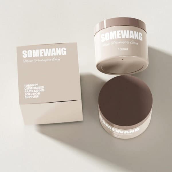 Two beige cosmetic containers with brown lids are shown, one with its box. The label reads "SOMEWANG Make Packaging Easy.