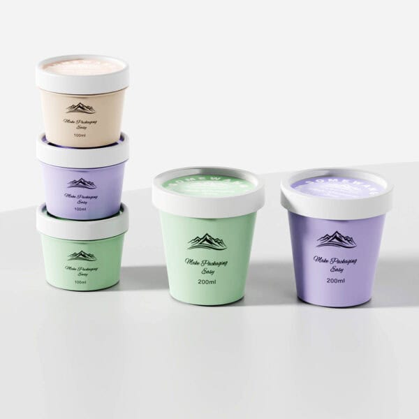 Six pastel 100g PP soy jars with labels and a mountain logo are neatly arranged on a white background.