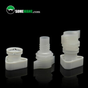 Three different types of 10mm no card slot plastic spout cap for doypack triangular covers on a dark background, with the logo "somewang.com" displayed at the top.