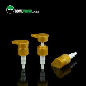 Three yellow New Arrive 28-410 Plastic Lotion Pump -New Heads on a reflective surface, with the website "somewang.com" displayed above.