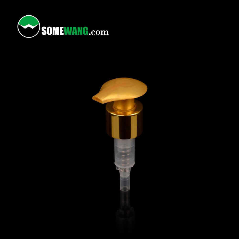 A golden PP lotion pump dispenser (24mm) against a black background, logo "SOMEWANG.com" in top left; ideal for lotions and hand wash.