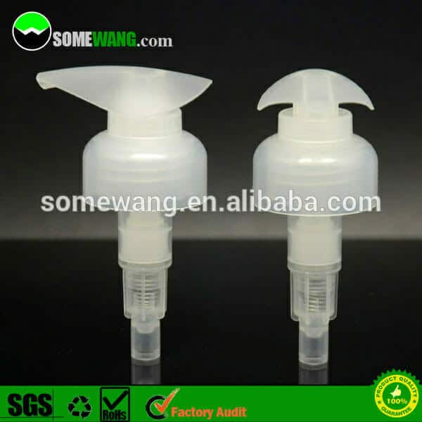 Two white 20/410 plastic soap dispenser pump heads on a reflective surface, with the text "somewang.com" and "somewang.en.alibaba.com" displayed.