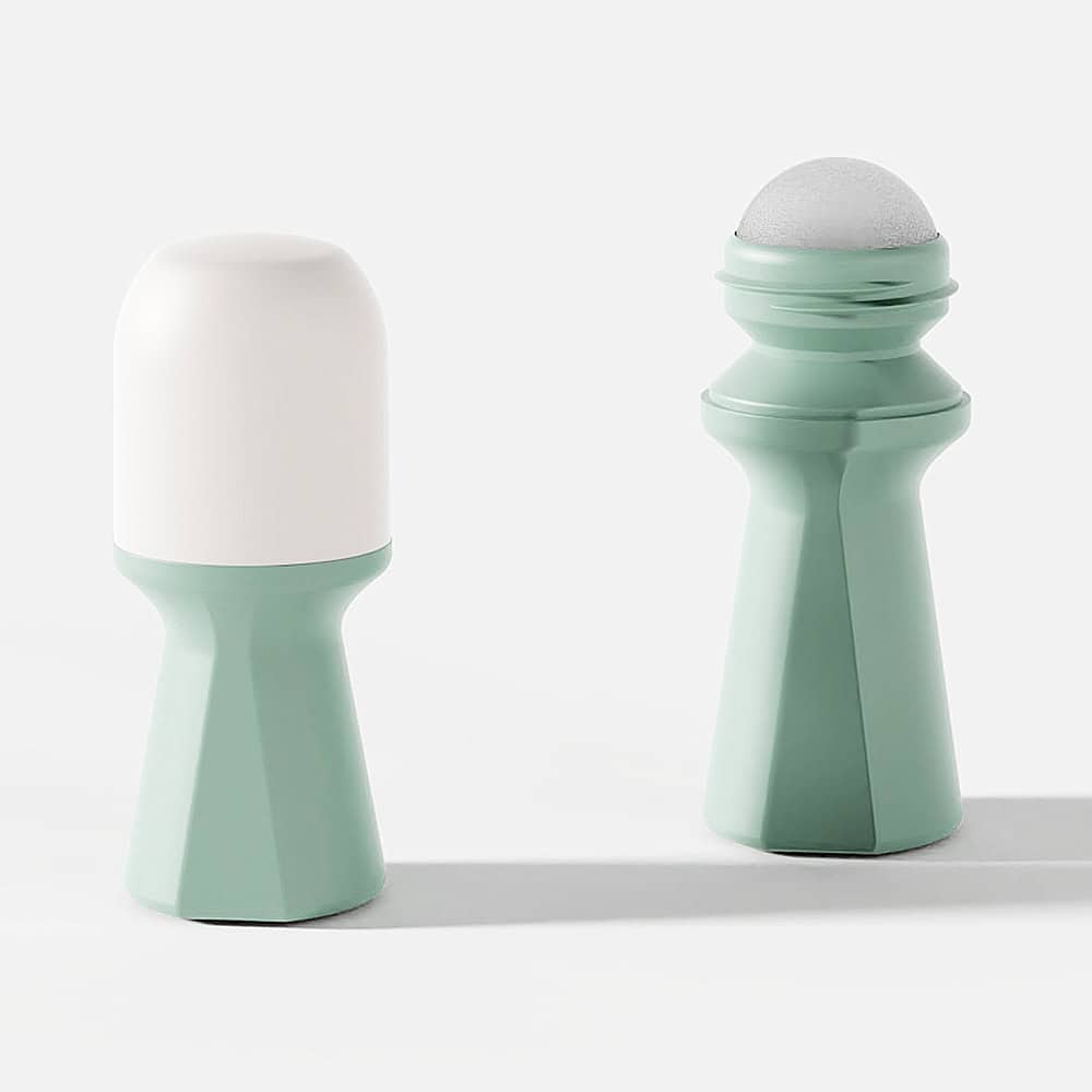 Two mint-colored, white-topped cylindrical bottles: one with a green cap, the other with a rollerball. 50/75g PP Large roll-on bottles.