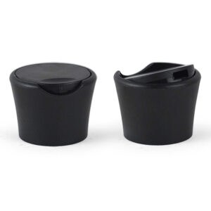 Duas tampas pretas de 24 mm são exibidas: uma tampa Disc Top fechada com tampa flip-top para condicionador de cabelo e uma com bico aberto.
