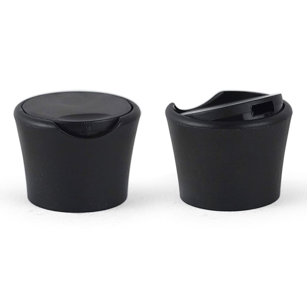 Two 24mm black caps are displayed: a closed flip-top Disc Top Cap for hair conditioner and one with an open spout.