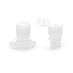 On a white background, two clear plastic spout caps from the Chinese doypack set are shown; one open, the other closed.