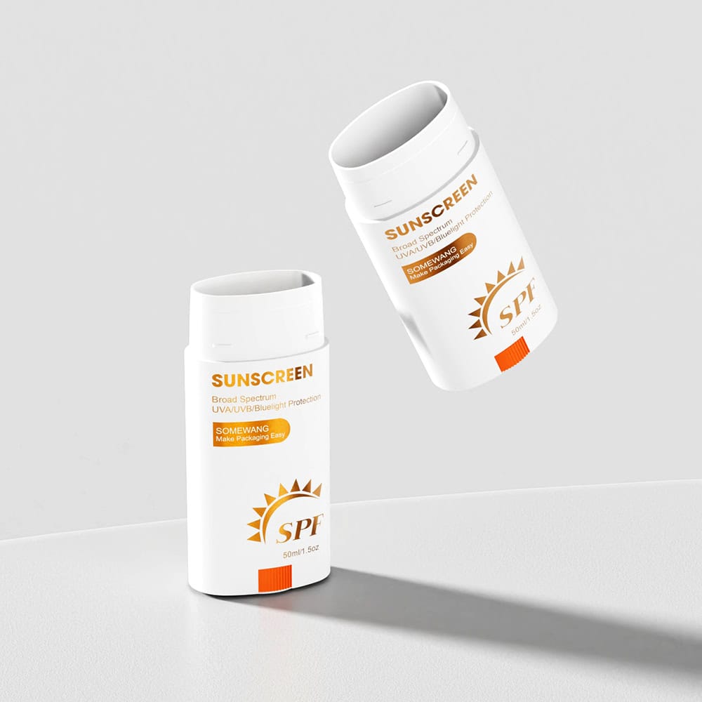 Two 40g PP White Deodorant Stick Containers with an orange sun logo on a sleek design; one upright and one floating against light gray.