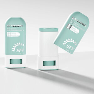 Three mint 16g plastic deodorant containers with SPF details are displayed in a studio.