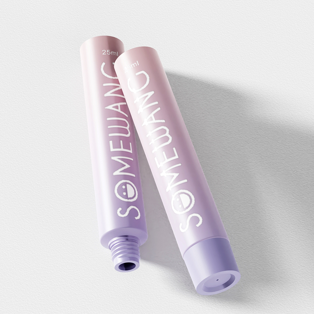 Two pastel tubes labeled "SOMEWANG" show expert offset printing on aluminum plastic, elegantly placed on a light surface; one is open.