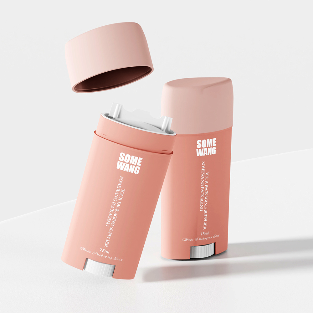 Two pink deodorant sticks with white text use sleek 75g PP White Flat Containers. One stick's floating cap shows the innovative design.