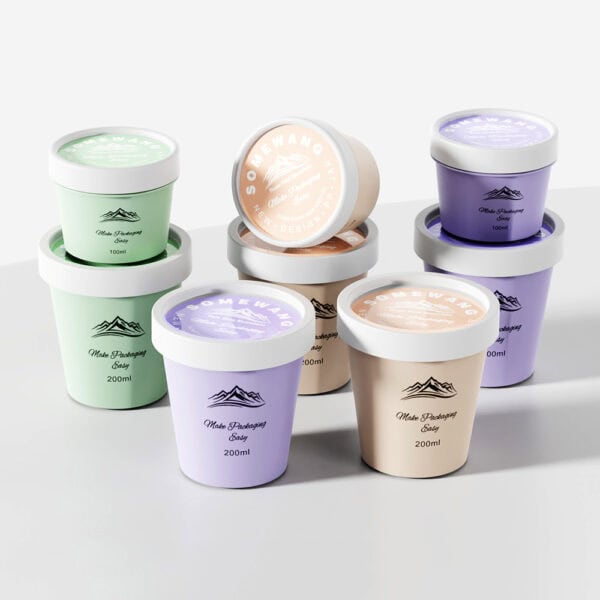 Eight pastel ice cream containers, including the AS-JP100RS 100g jar, sit on a white surface with minimalist mountain logos.