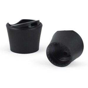 Two 24mm black plastic disc top caps for hair conditioner bottles, one upright with spout, the other showing the threaded interior.