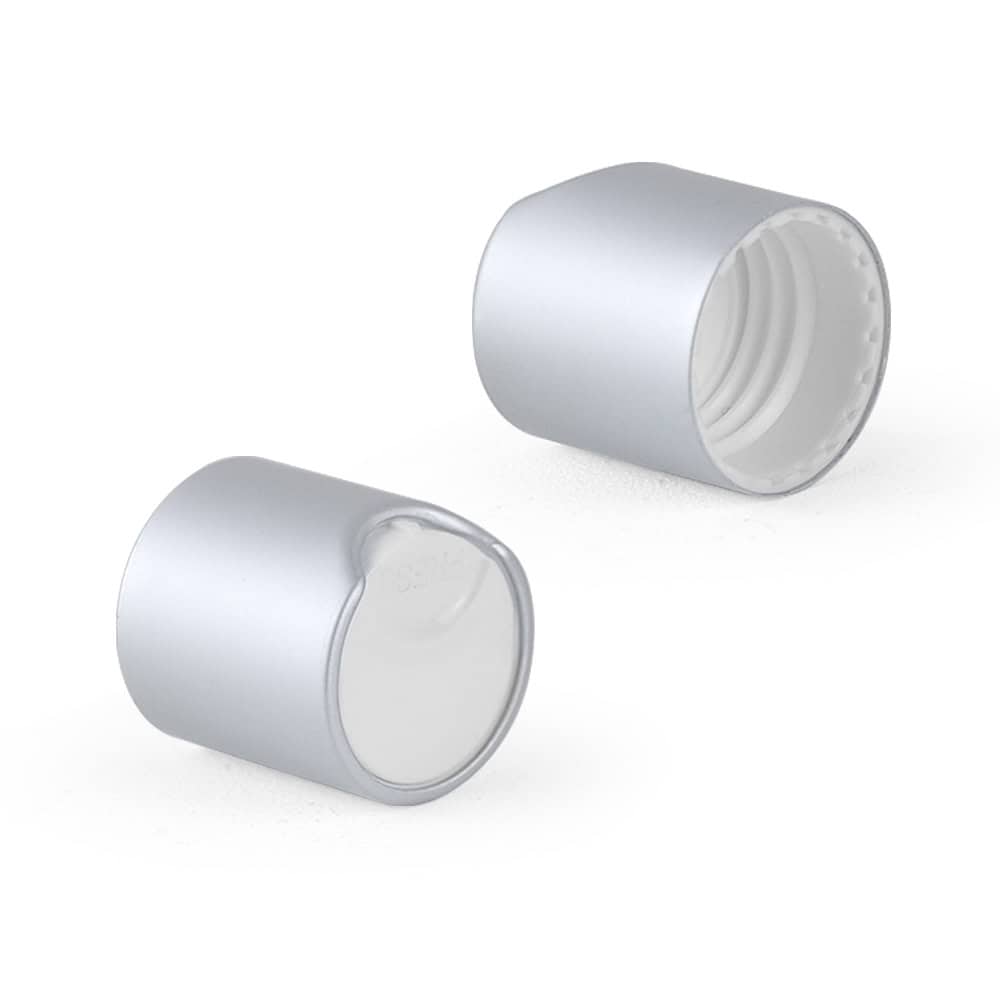 The image showcases two 24/410 brushed chrome rose gold aluminum disc top bottle caps with smooth tops on a white background.