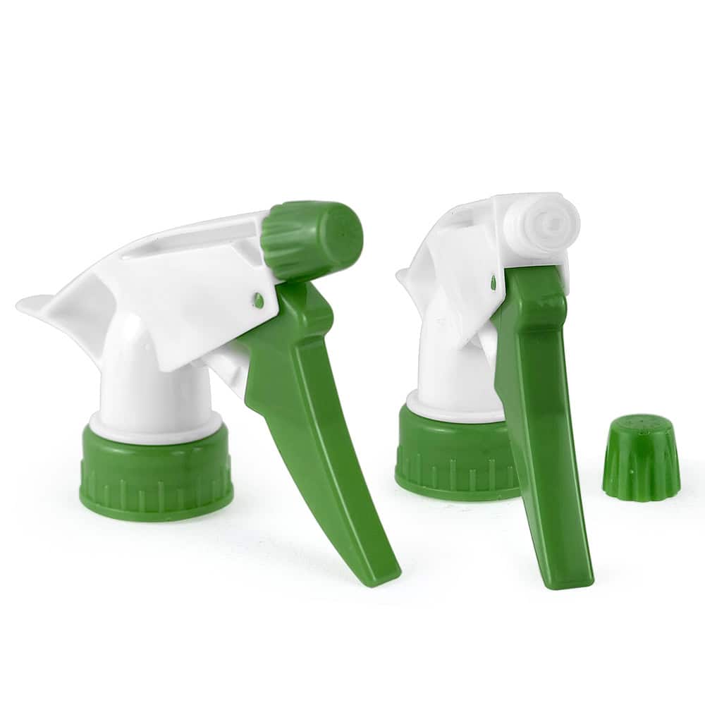 Two "Cleaning trigger sprayer 28/400 28/410" nozzles are shown—upright and lying down—plus a green cap, showcasing quality craftsmanship.