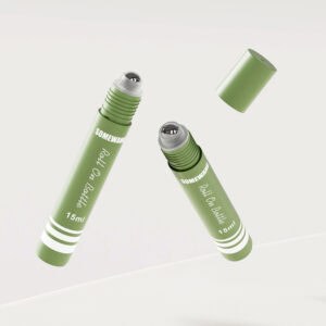 Two green 30ml PP Matte Eye Cream roller bottles with sleek blue caps floating above.