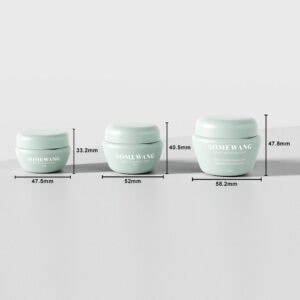 Três potes verdes SWC-JP20BS PP "SOMEWANG", de tamanhos 47,5x47,8 mm a 58,2x47,8 mm, incluem uma opção compacta de 20 g para cosméticos.