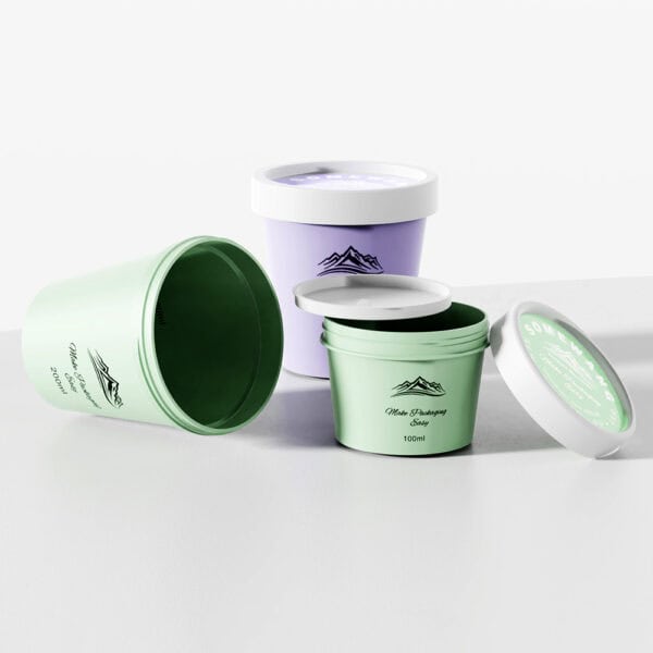 Three AS-JP100RS 100g PP jars (1 lavender, 2 green) with mountain logos shown on white; one green jar is open.