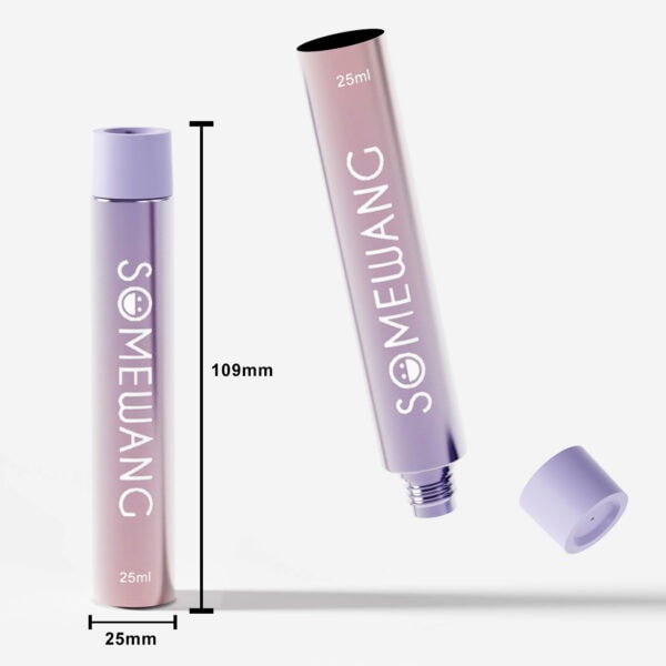 Mini lavender cosmetic tube with 25ml capacity, modern design, and screw-on cap, ideal for skincare or beauty products, measuring 109mm in height for portable use.