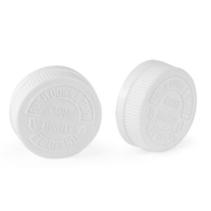 The 43mm child-resistant white plastic cap features "Push down & turn. Close tightly to open" instructions embossed on top.