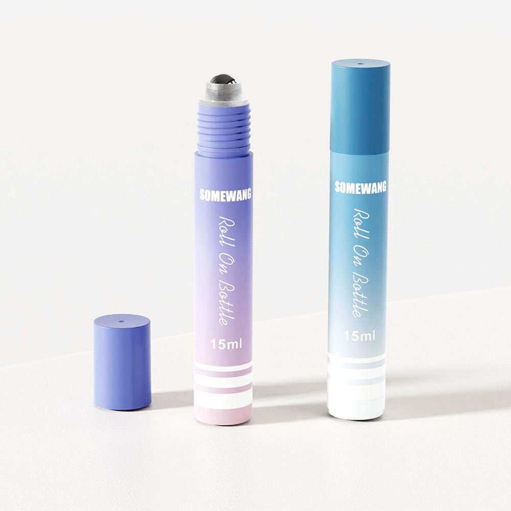 Two 15ml "PP Matte Eye Cream Roll On Bottle with Blue Cap" containers: one open showing the rollerball, one closed.