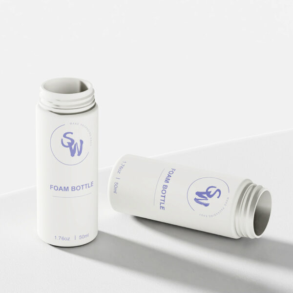 Two 50ml HDPE foam bottles with blue "SW" logos, one upright and one on its side, are set against a light background.