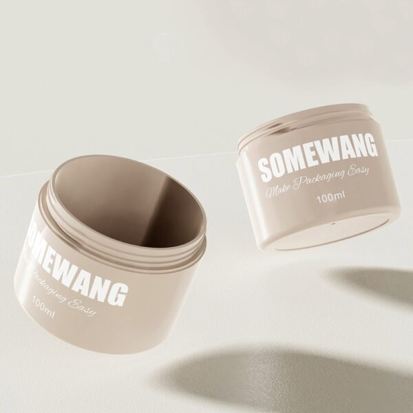 Two beige "SOMEWANG" 100g jars styled like AS-JP100AC; one closed, one open, against a light background.