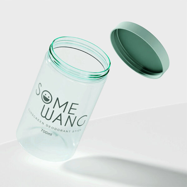 A whimsical 700ml jar with a green lid resembles a milk powder container. The lid appears detached, showing "Some Wang Sunscreen Deodorant Stick.