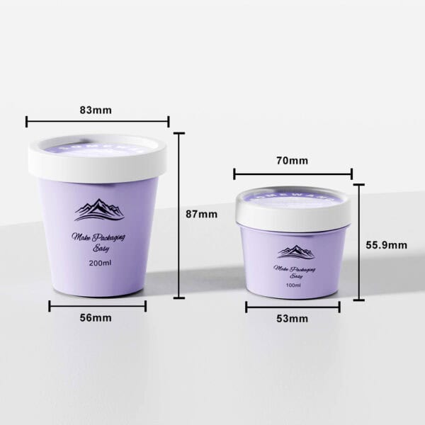 Two lavender PP jars with lids, including a 100g size, are shown with labeled height and diameter.