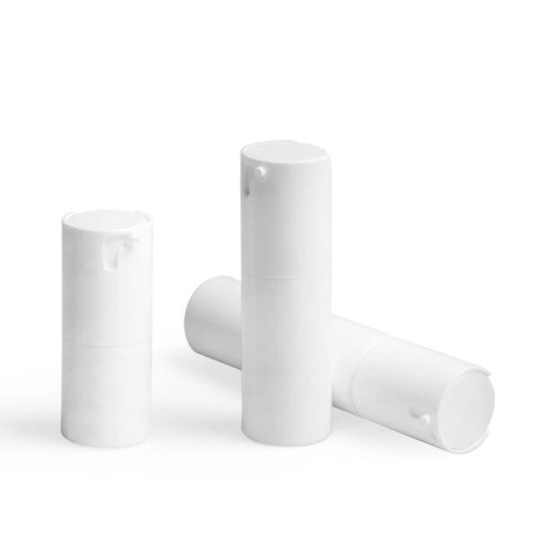 Three SWC-BPA15DG PP airless pump bottles—two upright, one horizontal—on a white background.