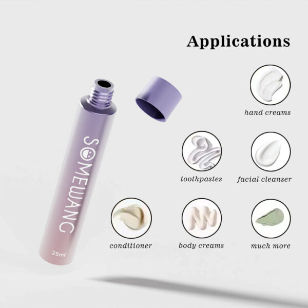 Lavender tube of skincare product showcasing various cosmetic applications in a modern design.