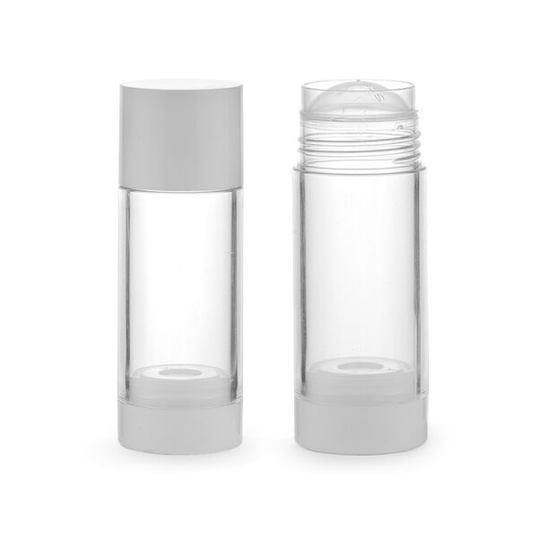 Empty 30g ABS round deodorant stick container with white cap and base, ideal for packaging deodorants, skincare, or cosmetic products.