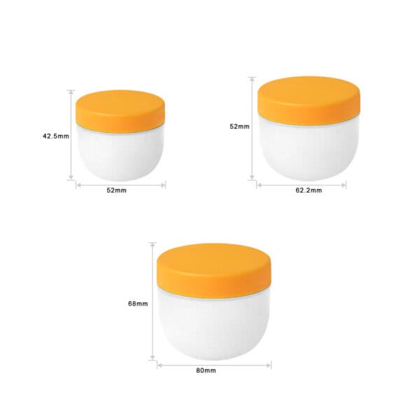 Three white SWC-JP50CS PP jars with orange lids: 42.5mm H x 52mm W, 52mm H x 62.2mm W, and 68mm H x 80mm W.