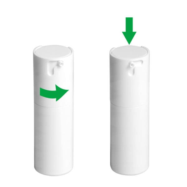 Two SWC-BPA15DG white PP Essence Airless Pump Bottles, one marked with a green right arrow and the other with a downward arrow.