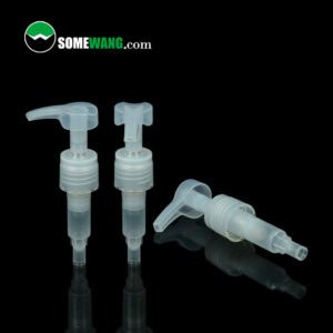 Three New Arrive 28-410 Plastic Lotion Pump Spring Inside or Outside dispensers on a reflective surface with a green logo reading "somewang.com" in the background.