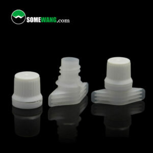 Three 9.6mm Plastic Spouted for Shampoo Pouch or juice bag with children proof on a reflective surface, featuring a website name "somewang.com" in the background.