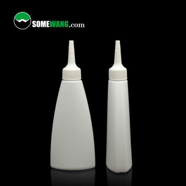 Two 100ml&150ml White HDPE bottles with twist-up caps on a dark background, labeled "somewang.com" at the top.