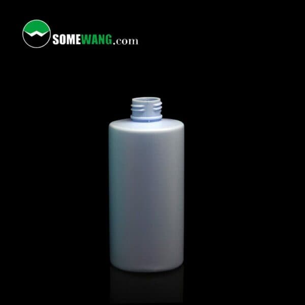 Sentence updated: White 230ml&300ml PE Square Shoulder Bottle made of plastic with a blue cap on a dark background, displayed with the logo "somewang.com" at the top.