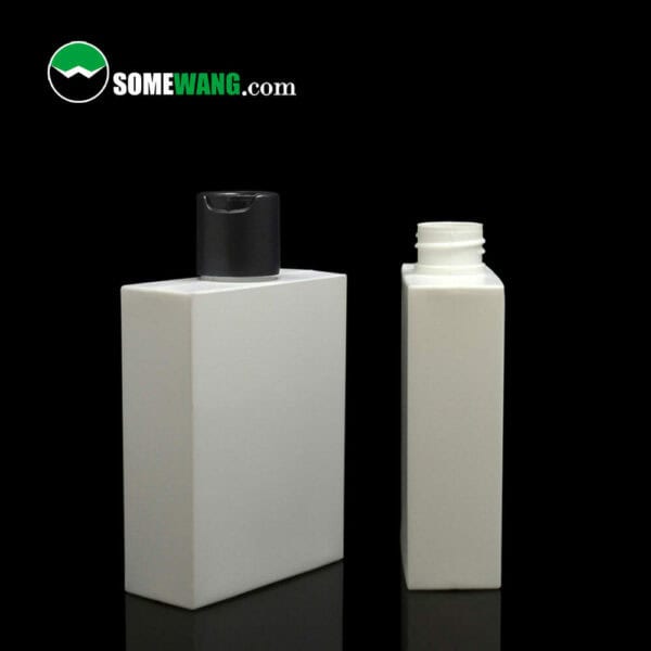 Two white square Somewang 90ml, 300ml square HDPE Bottles with a black cap on one, against a dark background, the logo "somewang.com" at the top.